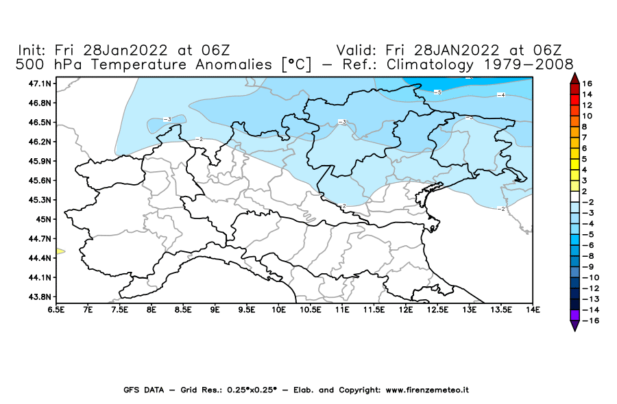 Mappa di analisi GFS - Anomalia Temperatura [°C] a 500 hPa in Nord-Italia
							del 28/01/2022 06 <!--googleoff: index-->UTC<!--googleon: index-->
