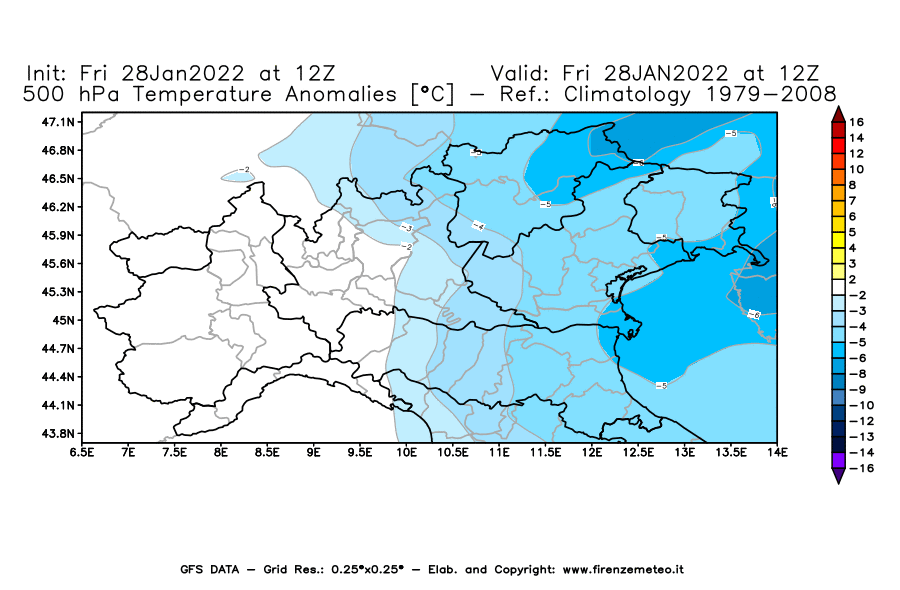 Mappa di analisi GFS - Anomalia Temperatura [°C] a 500 hPa in Nord-Italia
							del 28/01/2022 12 <!--googleoff: index-->UTC<!--googleon: index-->