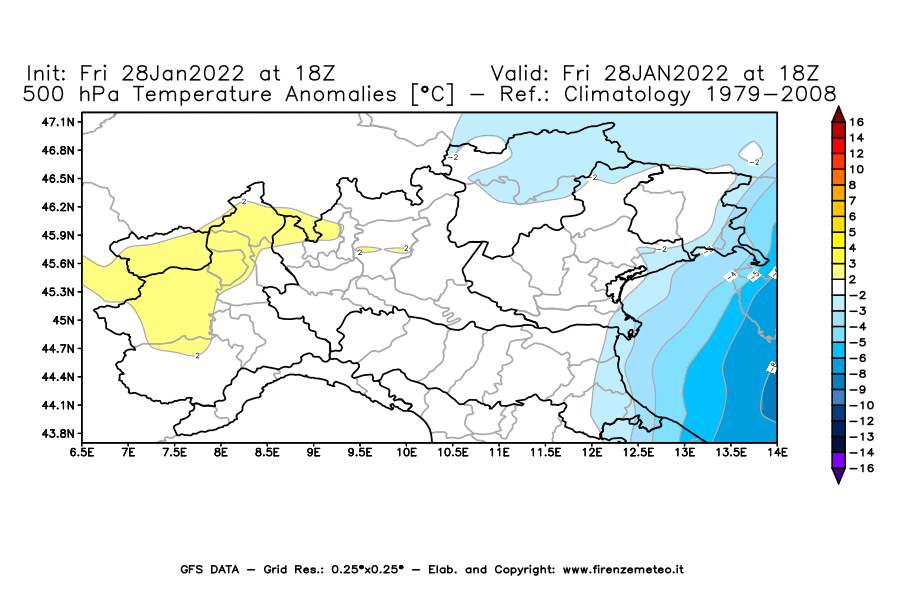 Mappa di analisi GFS - Anomalia Temperatura [°C] a 500 hPa in Nord-Italia
							del 28/01/2022 18 <!--googleoff: index-->UTC<!--googleon: index-->