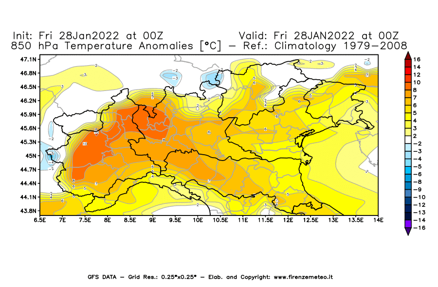 Mappa di analisi GFS - Anomalia Temperatura [°C] a 850 hPa in Nord-Italia
							del 28/01/2022 00 <!--googleoff: index-->UTC<!--googleon: index-->
