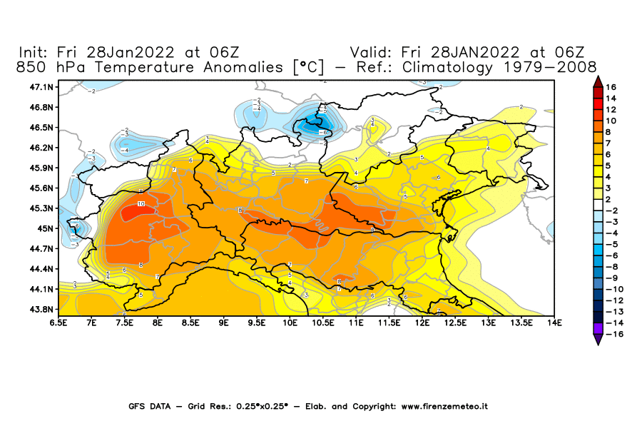 Mappa di analisi GFS - Anomalia Temperatura [°C] a 850 hPa in Nord-Italia
							del 28/01/2022 06 <!--googleoff: index-->UTC<!--googleon: index-->