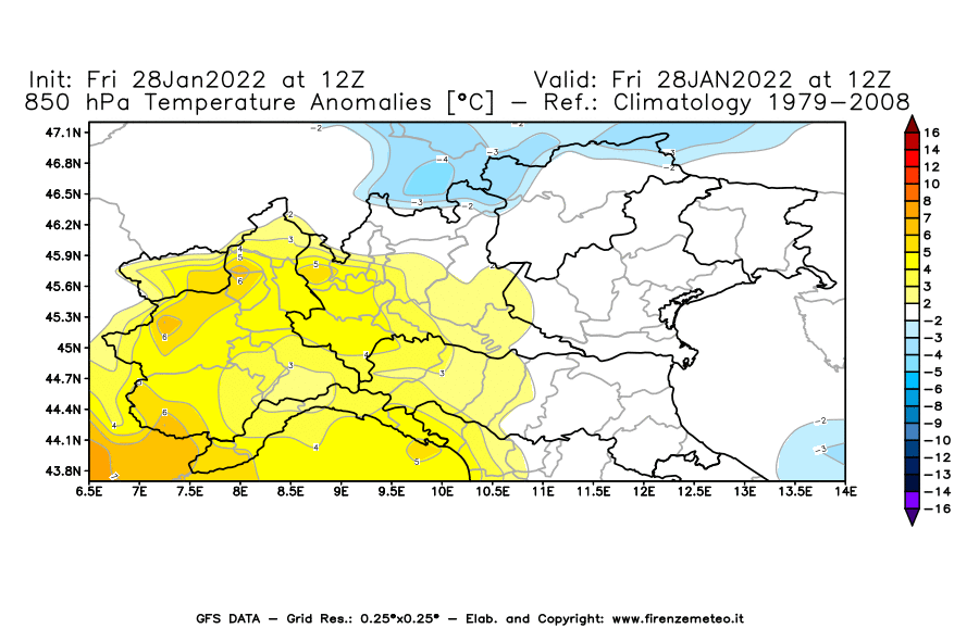 Mappa di analisi GFS - Anomalia Temperatura [°C] a 850 hPa in Nord-Italia
							del 28/01/2022 12 <!--googleoff: index-->UTC<!--googleon: index-->