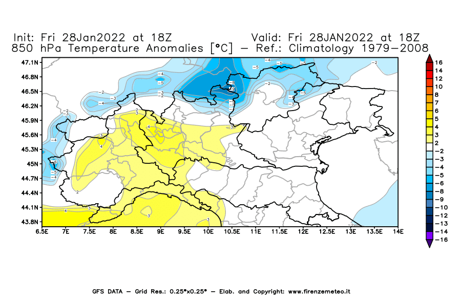 Mappa di analisi GFS - Anomalia Temperatura [°C] a 850 hPa in Nord-Italia
							del 28/01/2022 18 <!--googleoff: index-->UTC<!--googleon: index-->