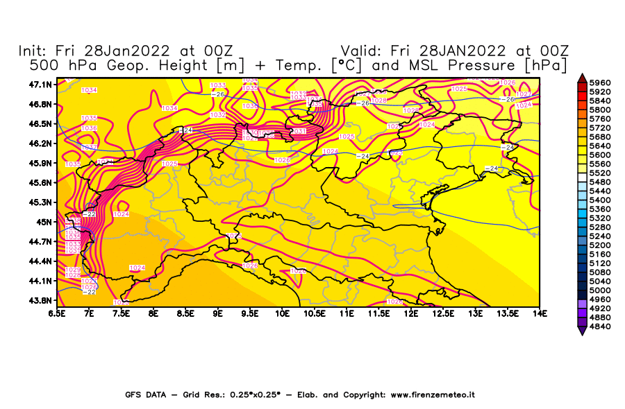 Mappa di analisi GFS - Geopotenziale [m] + Temp. [°C] a 500 hPa + Press. a livello del mare [hPa] in Nord-Italia
							del 28/01/2022 00 <!--googleoff: index-->UTC<!--googleon: index-->