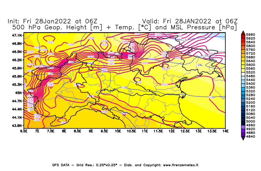 Mappa di analisi GFS - Geopotenziale [m] + Temp. [°C] a 500 hPa + Press. a livello del mare [hPa] in Nord-Italia
							del 28/01/2022 06 <!--googleoff: index-->UTC<!--googleon: index-->