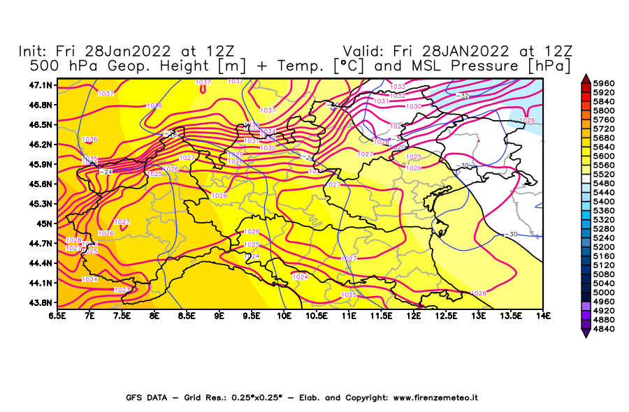 Mappa di analisi GFS - Geopotenziale [m] + Temp. [°C] a 500 hPa + Press. a livello del mare [hPa] in Nord-Italia
							del 28/01/2022 12 <!--googleoff: index-->UTC<!--googleon: index-->