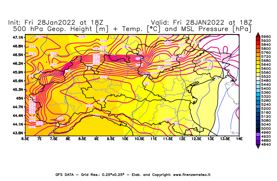 Mappa di analisi GFS - Geopotenziale [m] + Temp. [°C] a 500 hPa + Press. a livello del mare [hPa] in Nord-Italia
							del 28/01/2022 18 <!--googleoff: index-->UTC<!--googleon: index-->