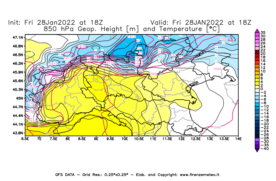 Mappa di analisi GFS - Geopotenziale [m] e Temperatura [°C] a 850 hPa in Nord-Italia
							del 28/01/2022 18 <!--googleoff: index-->UTC<!--googleon: index-->