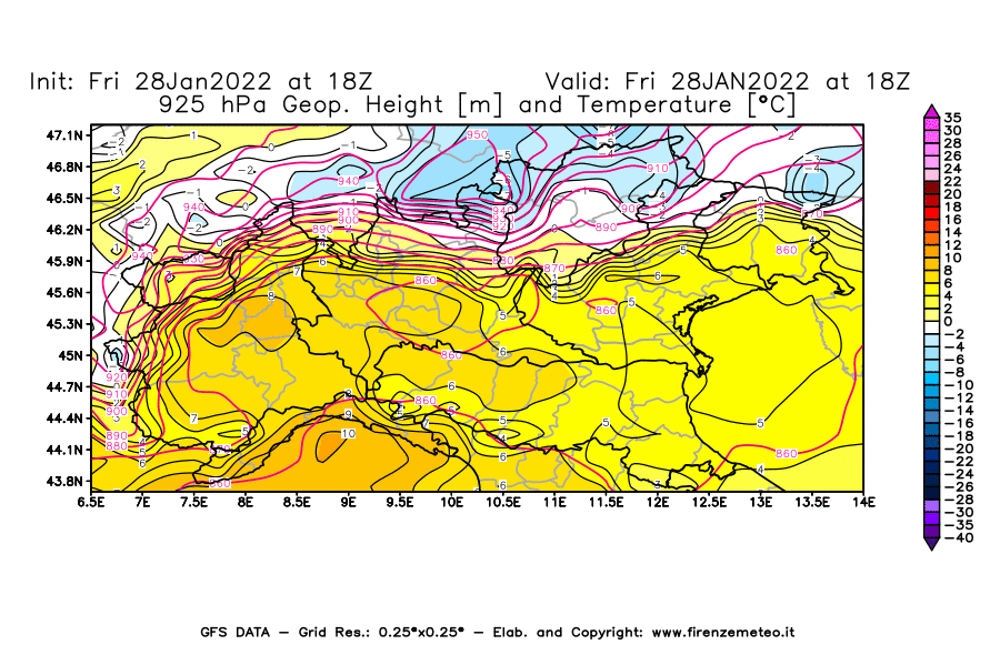 Mappa di analisi GFS - Geopotenziale [m] e Temperatura [°C] a 925 hPa in Nord-Italia
							del 28/01/2022 18 <!--googleoff: index-->UTC<!--googleon: index-->