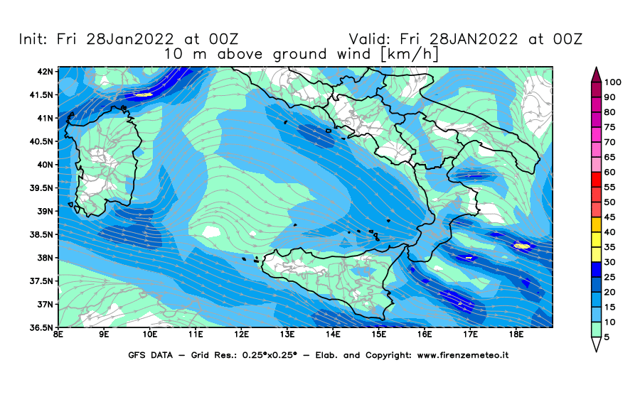 Mappa di analisi GFS - Velocità del vento a 10 metri dal suolo [km/h] in Sud-Italia
							del 28/01/2022 00 <!--googleoff: index-->UTC<!--googleon: index-->