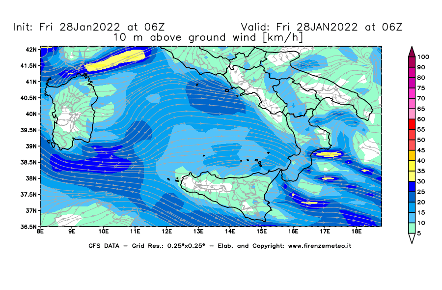 Mappa di analisi GFS - Velocità del vento a 10 metri dal suolo [km/h] in Sud-Italia
							del 28/01/2022 06 <!--googleoff: index-->UTC<!--googleon: index-->