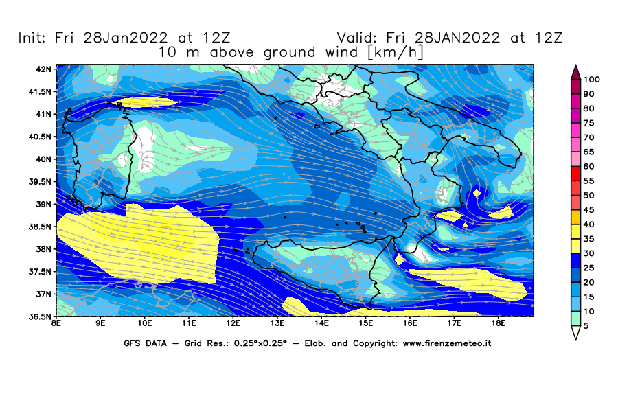 Mappa di analisi GFS - Velocità del vento a 10 metri dal suolo [km/h] in Sud-Italia
							del 28/01/2022 12 <!--googleoff: index-->UTC<!--googleon: index-->