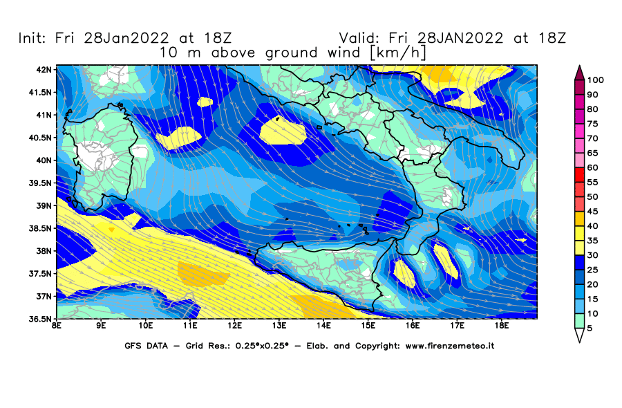 Mappa di analisi GFS - Velocità del vento a 10 metri dal suolo [km/h] in Sud-Italia
							del 28/01/2022 18 <!--googleoff: index-->UTC<!--googleon: index-->