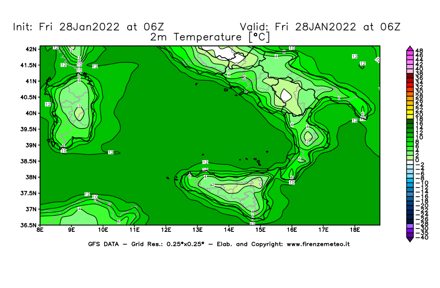 Mappa di analisi GFS - Temperatura a 2 metri dal suolo [°C] in Sud-Italia
							del 28/01/2022 06 <!--googleoff: index-->UTC<!--googleon: index-->