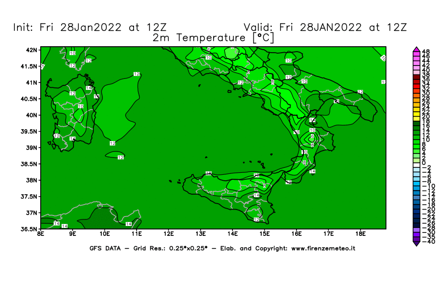 Mappa di analisi GFS - Temperatura a 2 metri dal suolo [°C] in Sud-Italia
							del 28/01/2022 12 <!--googleoff: index-->UTC<!--googleon: index-->