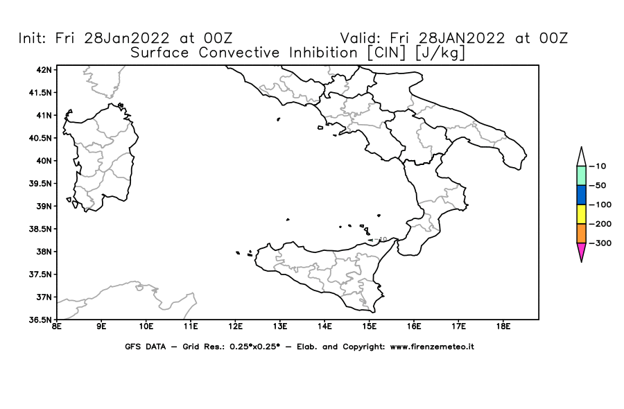 Mappa di analisi GFS - CIN [J/kg] in Sud-Italia
							del 28/01/2022 00 <!--googleoff: index-->UTC<!--googleon: index-->