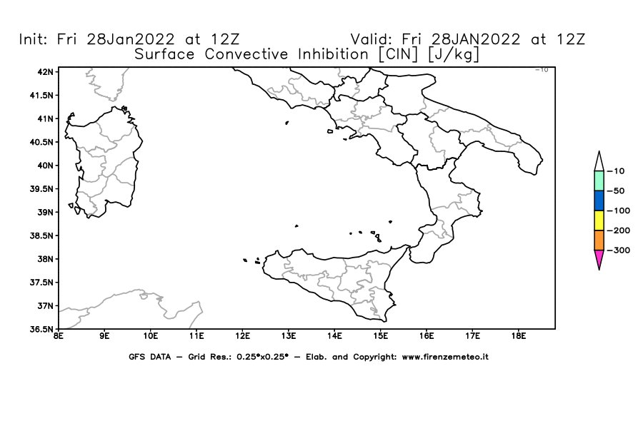 Mappa di analisi GFS - CIN [J/kg] in Sud-Italia
							del 28/01/2022 12 <!--googleoff: index-->UTC<!--googleon: index-->