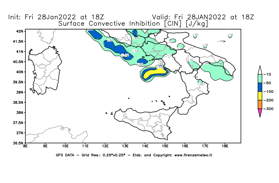 Mappa di analisi GFS - CIN [J/kg] in Sud-Italia
							del 28/01/2022 18 <!--googleoff: index-->UTC<!--googleon: index-->