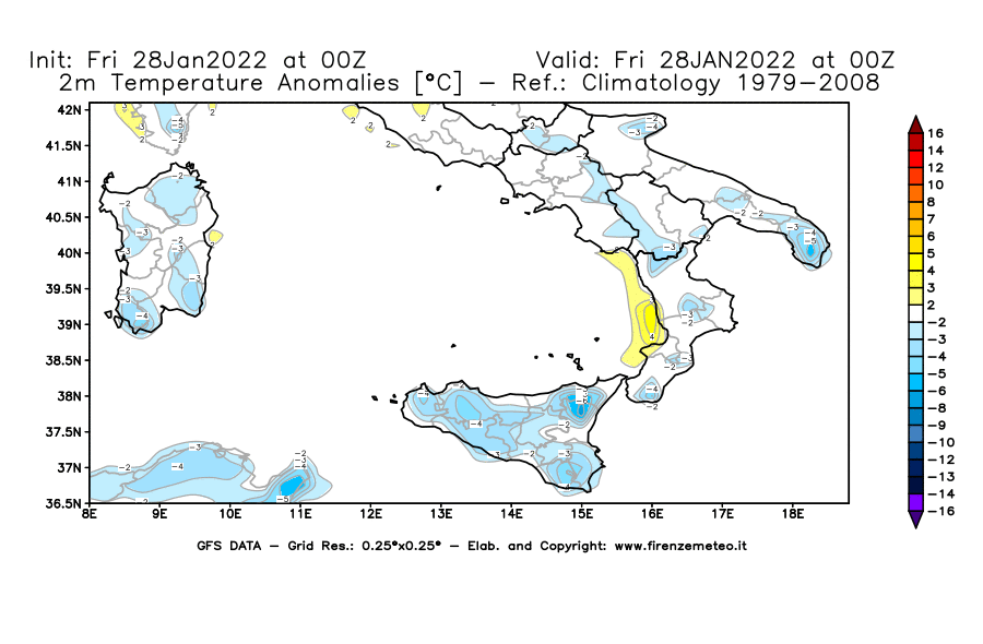 Mappa di analisi GFS - Anomalia Temperatura [°C] a 2 m in Sud-Italia
							del 28/01/2022 00 <!--googleoff: index-->UTC<!--googleon: index-->