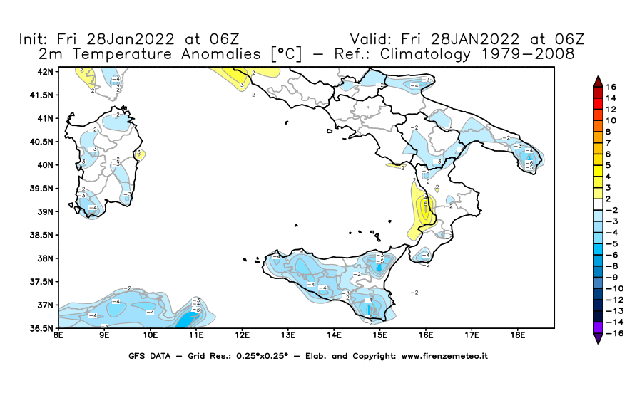 Mappa di analisi GFS - Anomalia Temperatura [°C] a 2 m in Sud-Italia
							del 28/01/2022 06 <!--googleoff: index-->UTC<!--googleon: index-->