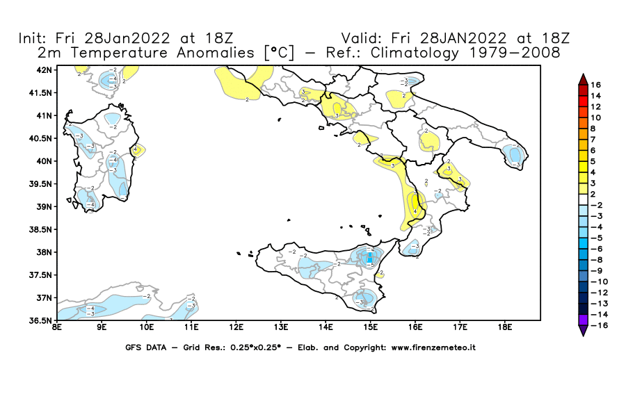 Mappa di analisi GFS - Anomalia Temperatura [°C] a 2 m in Sud-Italia
							del 28/01/2022 18 <!--googleoff: index-->UTC<!--googleon: index-->