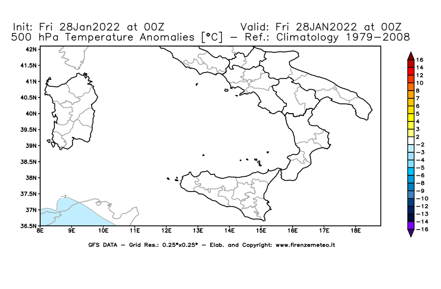 Mappa di analisi GFS - Anomalia Temperatura [°C] a 500 hPa in Sud-Italia
							del 28/01/2022 00 <!--googleoff: index-->UTC<!--googleon: index-->