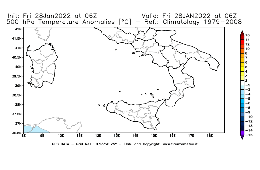 Mappa di analisi GFS - Anomalia Temperatura [°C] a 500 hPa in Sud-Italia
							del 28/01/2022 06 <!--googleoff: index-->UTC<!--googleon: index-->
