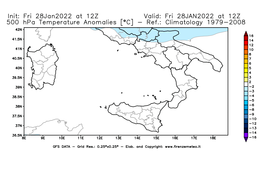 Mappa di analisi GFS - Anomalia Temperatura [°C] a 500 hPa in Sud-Italia
							del 28/01/2022 12 <!--googleoff: index-->UTC<!--googleon: index-->