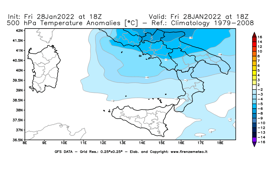 Mappa di analisi GFS - Anomalia Temperatura [°C] a 500 hPa in Sud-Italia
							del 28/01/2022 18 <!--googleoff: index-->UTC<!--googleon: index-->