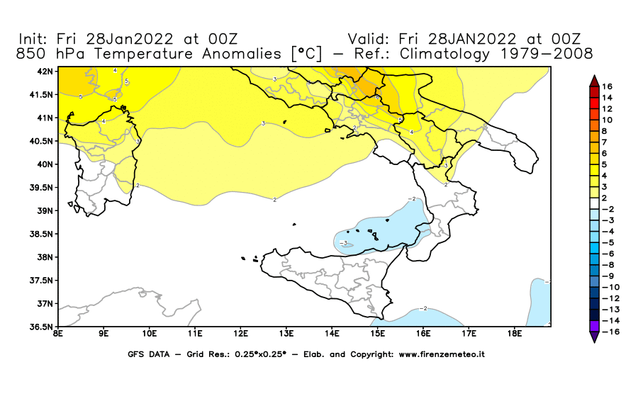 Mappa di analisi GFS - Anomalia Temperatura [°C] a 850 hPa in Sud-Italia
							del 28/01/2022 00 <!--googleoff: index-->UTC<!--googleon: index-->