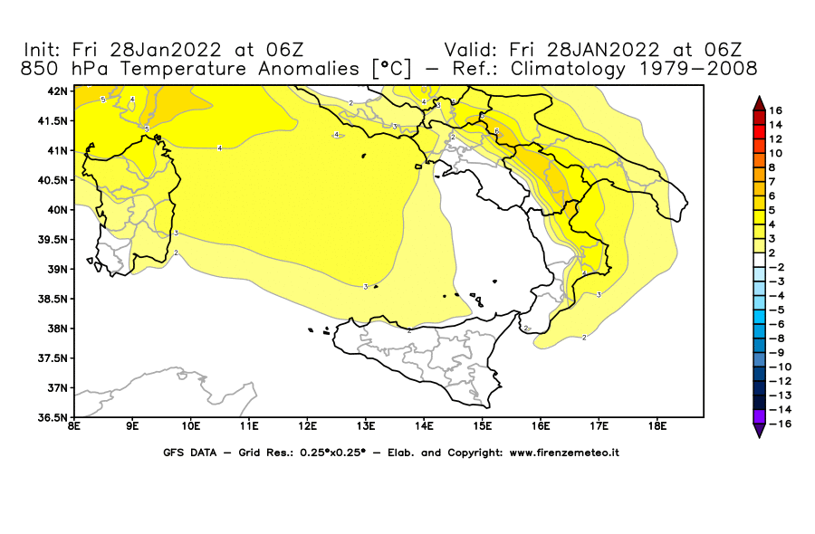 Mappa di analisi GFS - Anomalia Temperatura [°C] a 850 hPa in Sud-Italia
							del 28/01/2022 06 <!--googleoff: index-->UTC<!--googleon: index-->