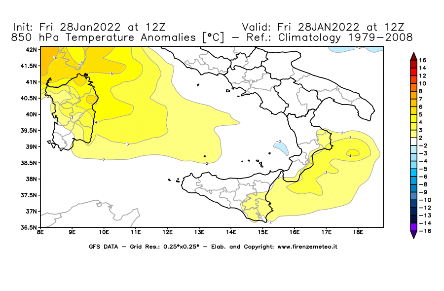 Mappa di analisi GFS - Anomalia Temperatura [°C] a 850 hPa in Sud-Italia
							del 28/01/2022 12 <!--googleoff: index-->UTC<!--googleon: index-->