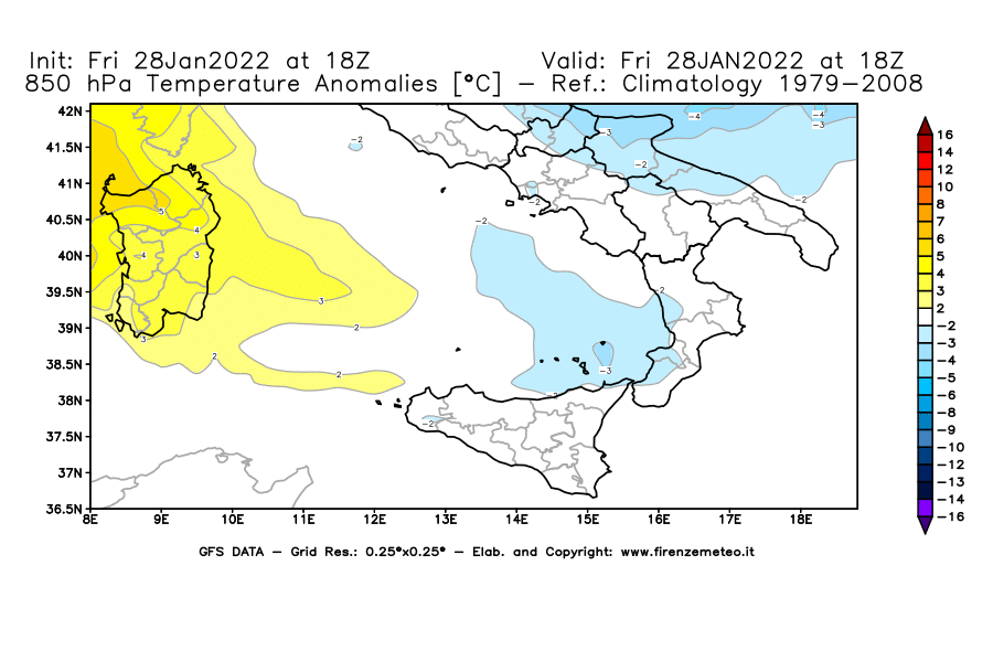 Mappa di analisi GFS - Anomalia Temperatura [°C] a 850 hPa in Sud-Italia
							del 28/01/2022 18 <!--googleoff: index-->UTC<!--googleon: index-->