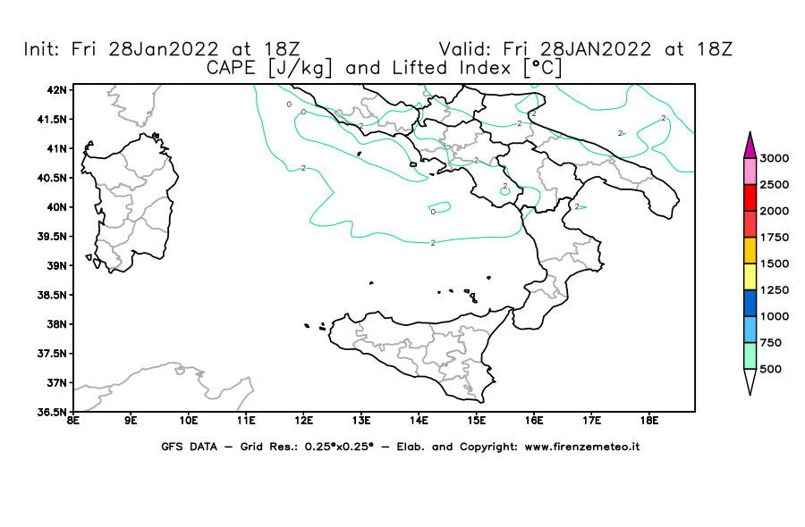Mappa di analisi GFS - CAPE [J/kg] e Lifted Index [°C] in Sud-Italia
							del 28/01/2022 18 <!--googleoff: index-->UTC<!--googleon: index-->