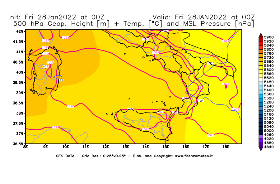 Mappa di analisi GFS - Geopotenziale [m] + Temp. [°C] a 500 hPa + Press. a livello del mare [hPa] in Sud-Italia
							del 28/01/2022 00 <!--googleoff: index-->UTC<!--googleon: index-->