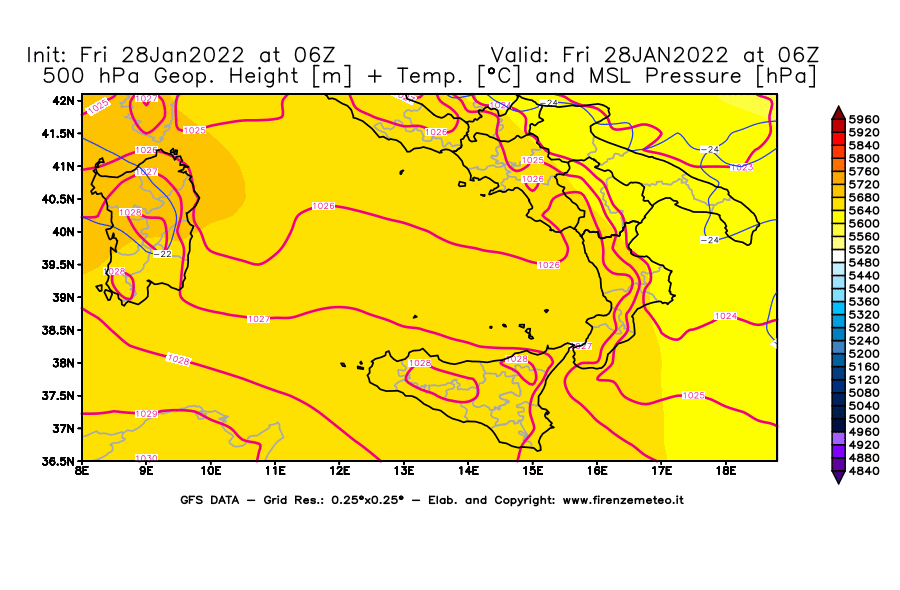 Mappa di analisi GFS - Geopotenziale [m] + Temp. [°C] a 500 hPa + Press. a livello del mare [hPa] in Sud-Italia
							del 28/01/2022 06 <!--googleoff: index-->UTC<!--googleon: index-->