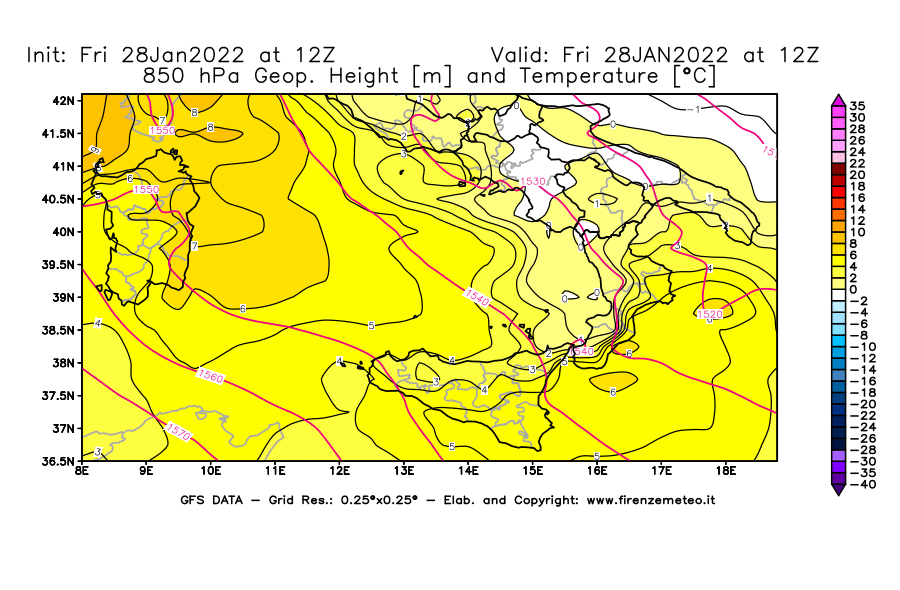 Mappa di analisi GFS - Geopotenziale [m] e Temperatura [°C] a 850 hPa in Sud-Italia
							del 28/01/2022 12 <!--googleoff: index-->UTC<!--googleon: index-->