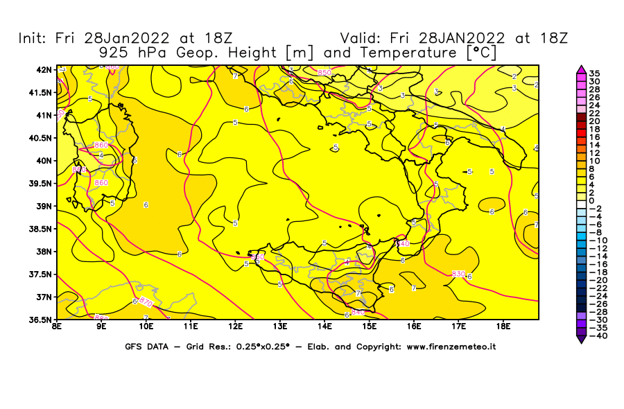 Mappa di analisi GFS - Geopotenziale [m] e Temperatura [°C] a 925 hPa in Sud-Italia
							del 28/01/2022 18 <!--googleoff: index-->UTC<!--googleon: index-->