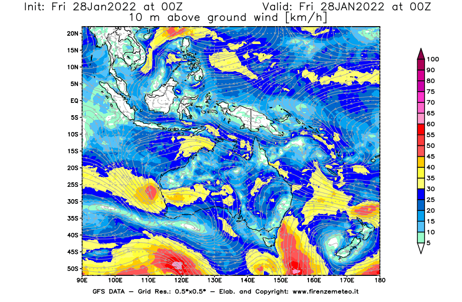 Mappa di analisi GFS - Velocità del vento a 10 metri dal suolo [km/h] in Oceania
							del 28/01/2022 00 <!--googleoff: index-->UTC<!--googleon: index-->