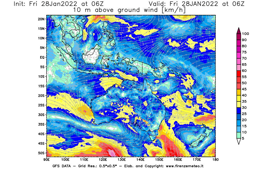 Mappa di analisi GFS - Velocità del vento a 10 metri dal suolo [km/h] in Oceania
							del 28/01/2022 06 <!--googleoff: index-->UTC<!--googleon: index-->