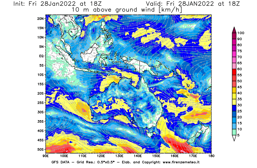 Mappa di analisi GFS - Velocità del vento a 10 metri dal suolo [km/h] in Oceania
							del 28/01/2022 18 <!--googleoff: index-->UTC<!--googleon: index-->
