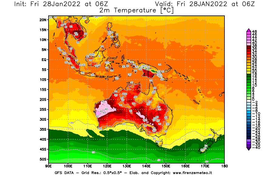 Mappa di analisi GFS - Temperatura a 2 metri dal suolo [°C] in Oceania
							del 28/01/2022 06 <!--googleoff: index-->UTC<!--googleon: index-->