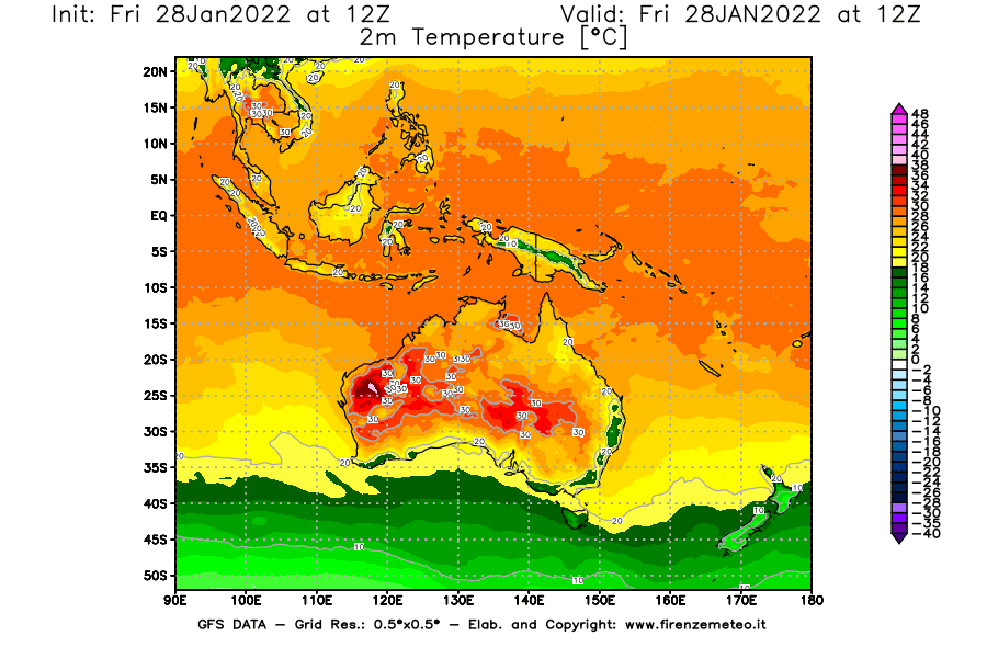 Mappa di analisi GFS - Temperatura a 2 metri dal suolo [°C] in Oceania
							del 28/01/2022 12 <!--googleoff: index-->UTC<!--googleon: index-->