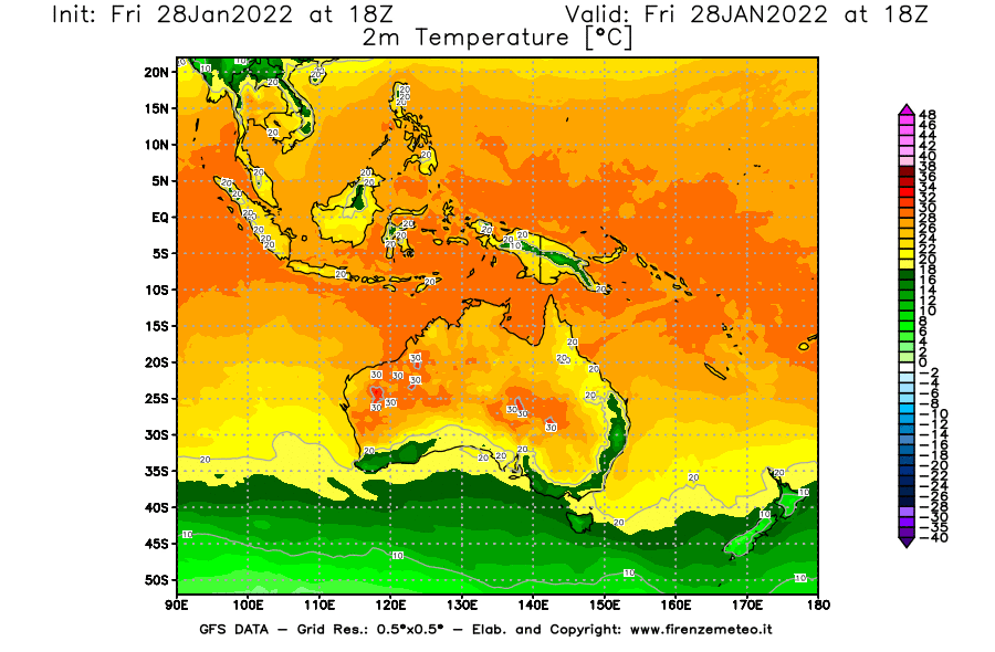 Mappa di analisi GFS - Temperatura a 2 metri dal suolo [°C] in Oceania
							del 28/01/2022 18 <!--googleoff: index-->UTC<!--googleon: index-->