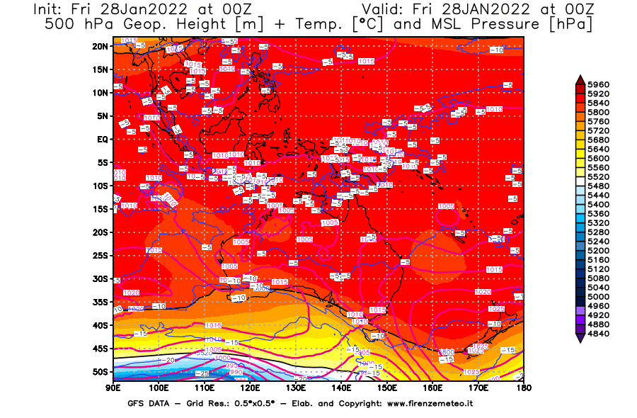 Mappa di analisi GFS - Geopotenziale [m] + Temp. [°C] a 500 hPa + Press. a livello del mare [hPa] in Oceania
							del 28/01/2022 00 <!--googleoff: index-->UTC<!--googleon: index-->