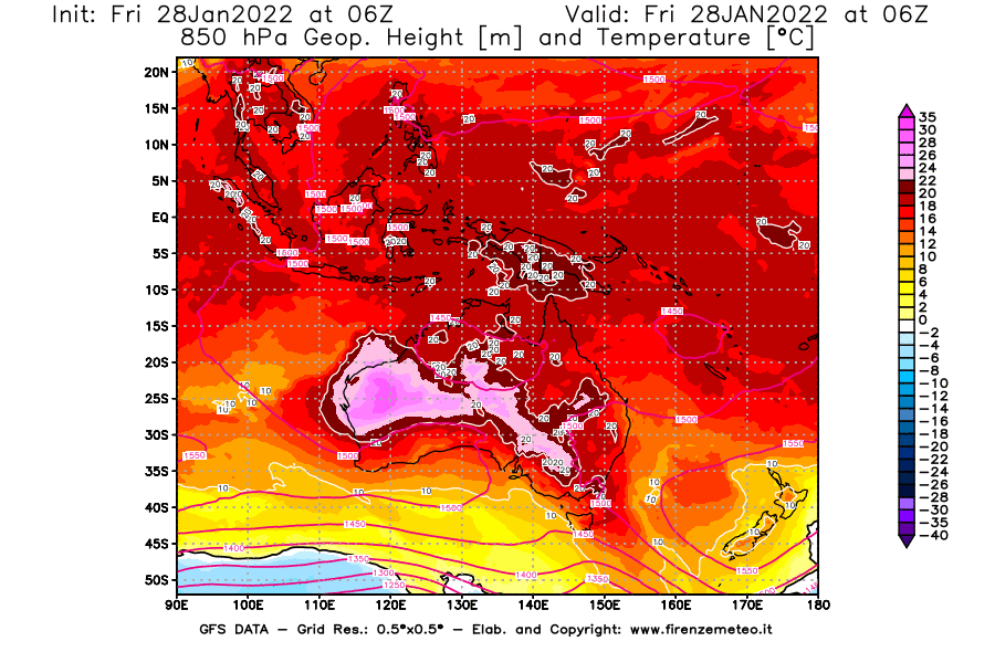 Mappa di analisi GFS - Geopotenziale [m] e Temperatura [°C] a 850 hPa in Oceania
							del 28/01/2022 06 <!--googleoff: index-->UTC<!--googleon: index-->