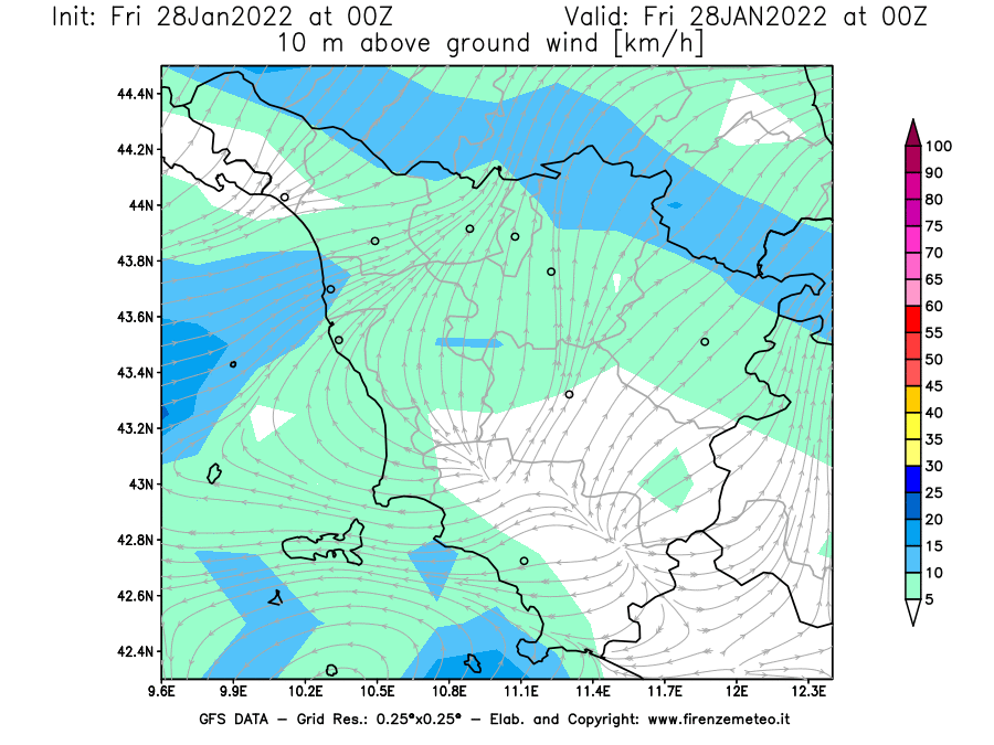 Mappa di analisi GFS - Velocità del vento a 10 metri dal suolo [km/h] in Toscana
							del 28/01/2022 00 <!--googleoff: index-->UTC<!--googleon: index-->