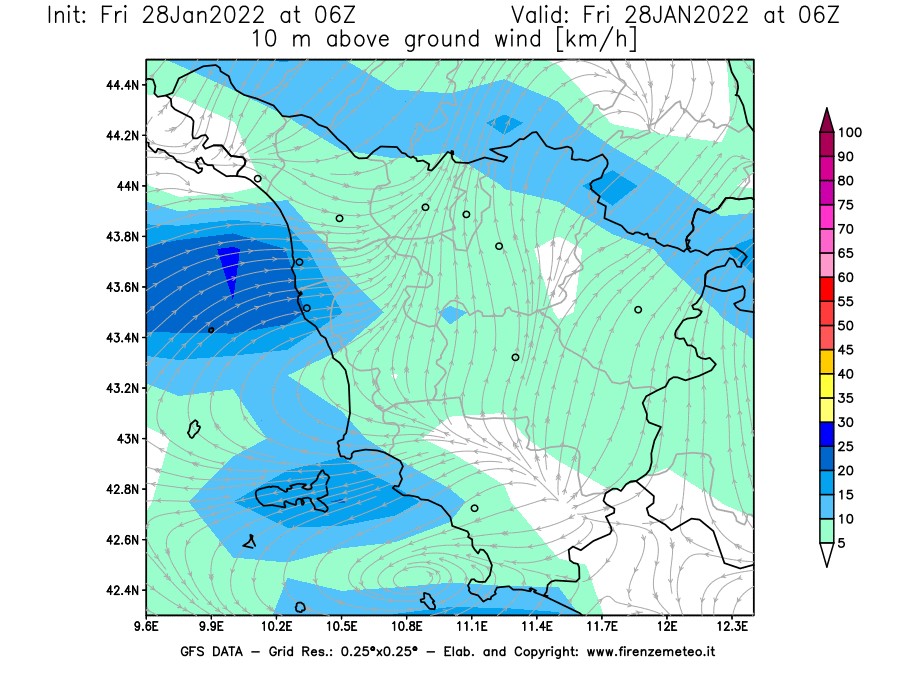 Mappa di analisi GFS - Velocità del vento a 10 metri dal suolo [km/h] in Toscana
							del 28/01/2022 06 <!--googleoff: index-->UTC<!--googleon: index-->