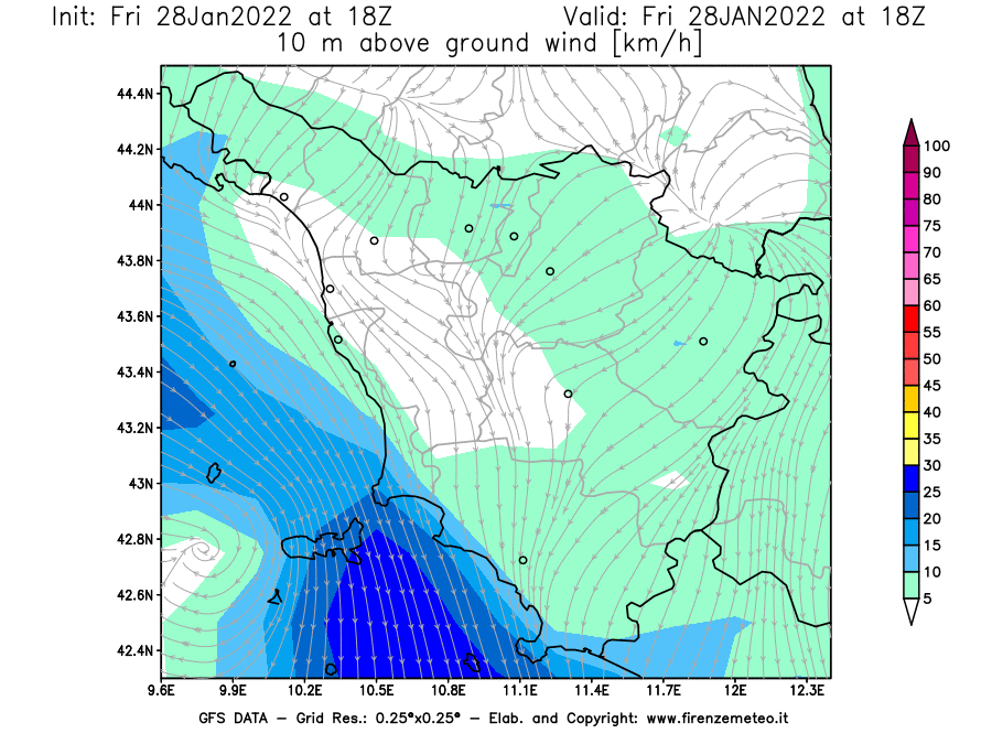 Mappa di analisi GFS - Velocità del vento a 10 metri dal suolo [km/h] in Toscana
							del 28/01/2022 18 <!--googleoff: index-->UTC<!--googleon: index-->