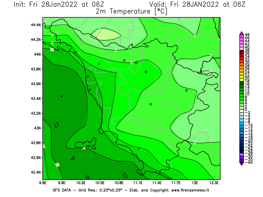 Mappa di analisi GFS - Temperatura a 2 metri dal suolo [°C] in Toscana
							del 28/01/2022 06 <!--googleoff: index-->UTC<!--googleon: index-->